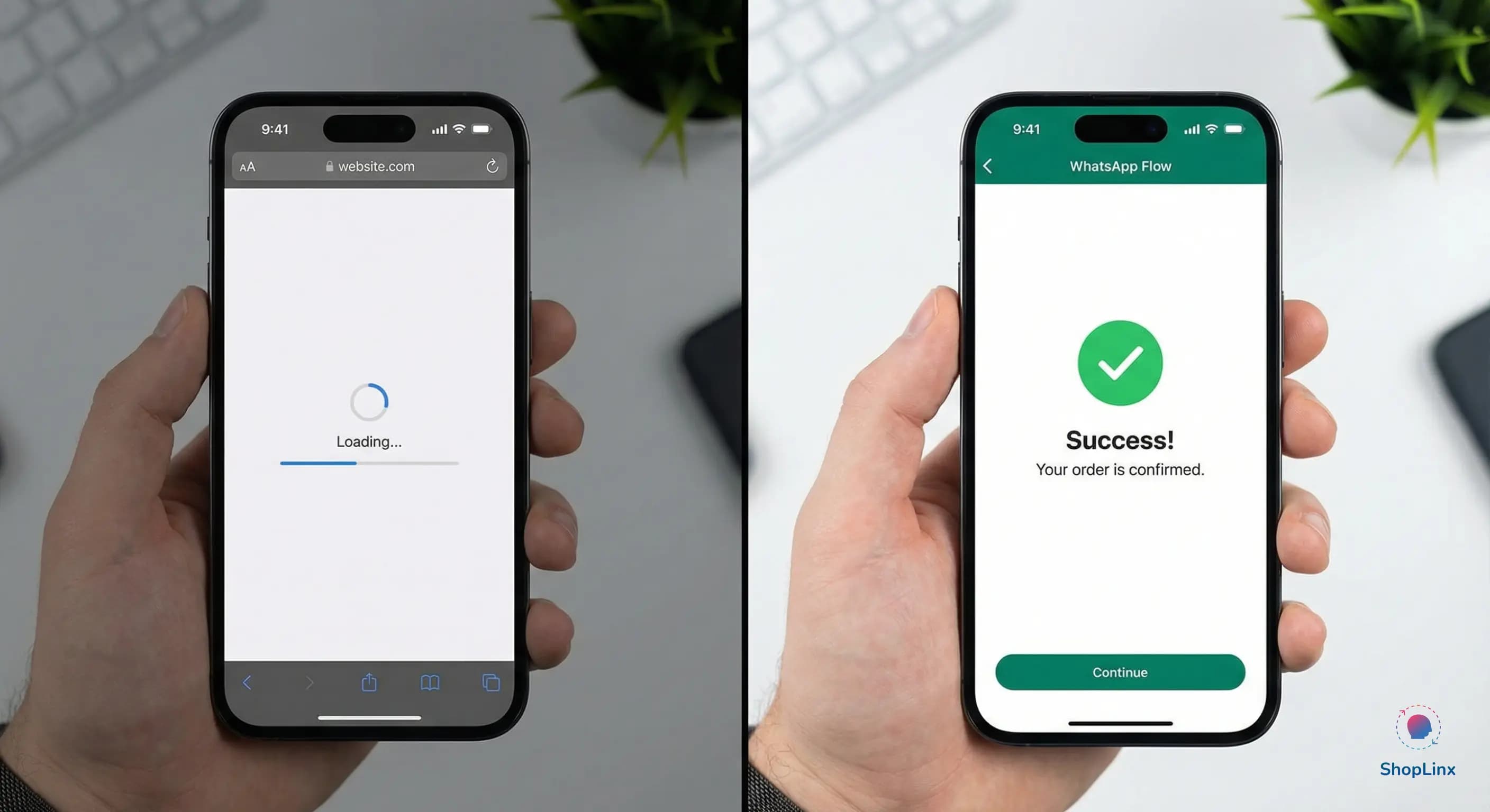 Comparison showing instant WhatsApp Flow loading vs slow external website loading
