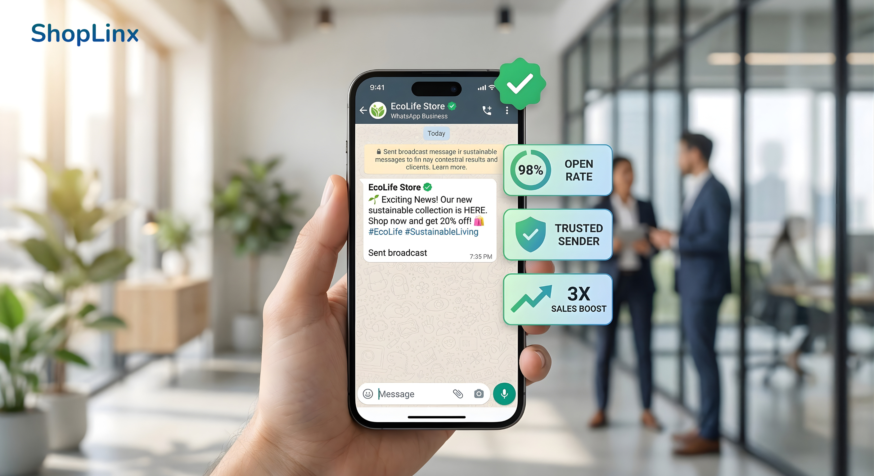Close-up of a smartphone showing a verified WhatsApp Business broadcast
message with high engagement metrics like "98% Open Rate" visible on the screen