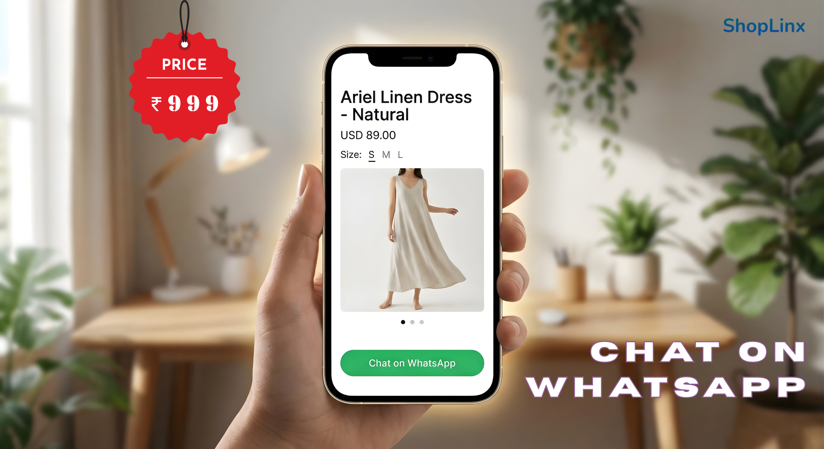 Mobile view of Shoplinx product catalogue with Buy on WhatsApp button