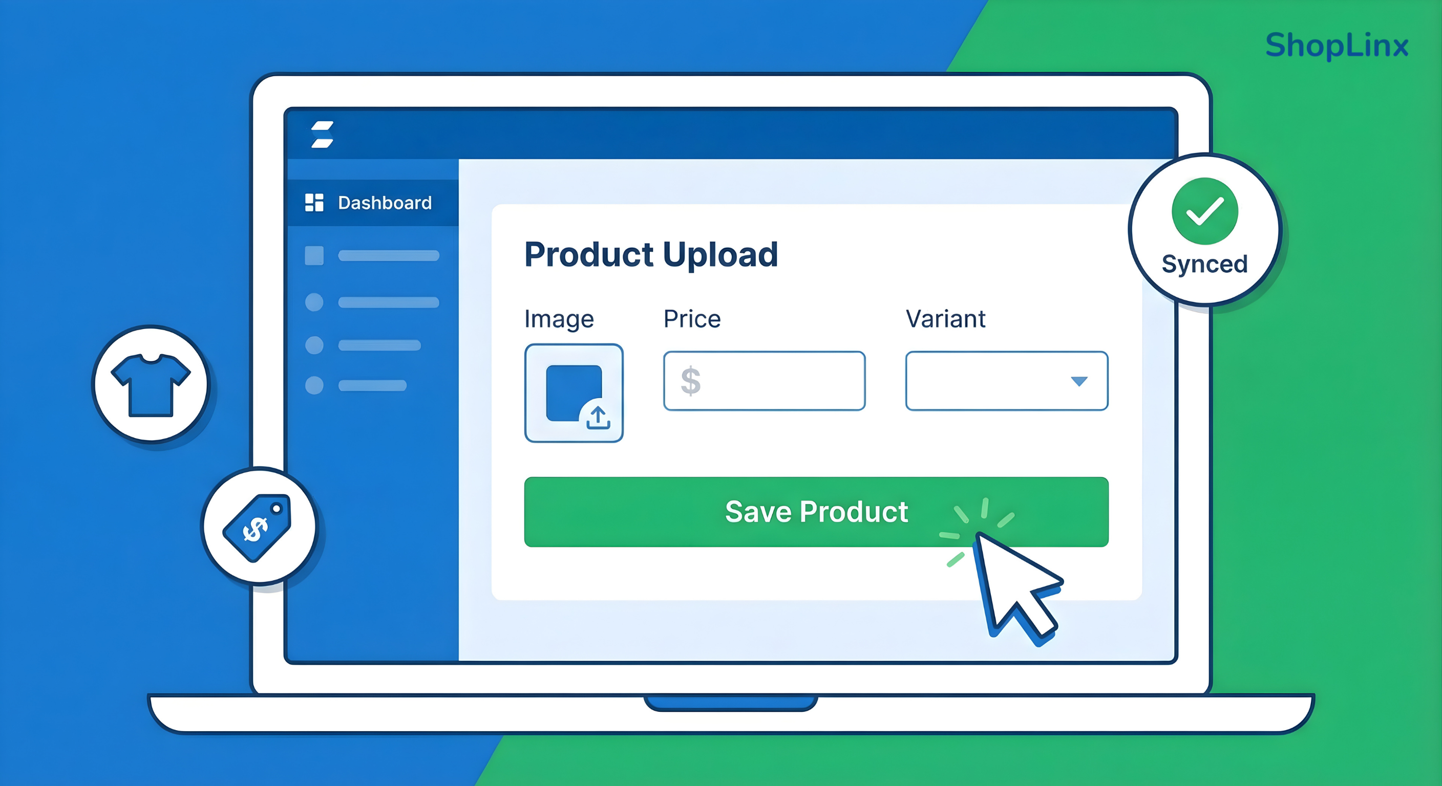 Shoplinx dashboard showing easy product upload and inventory management