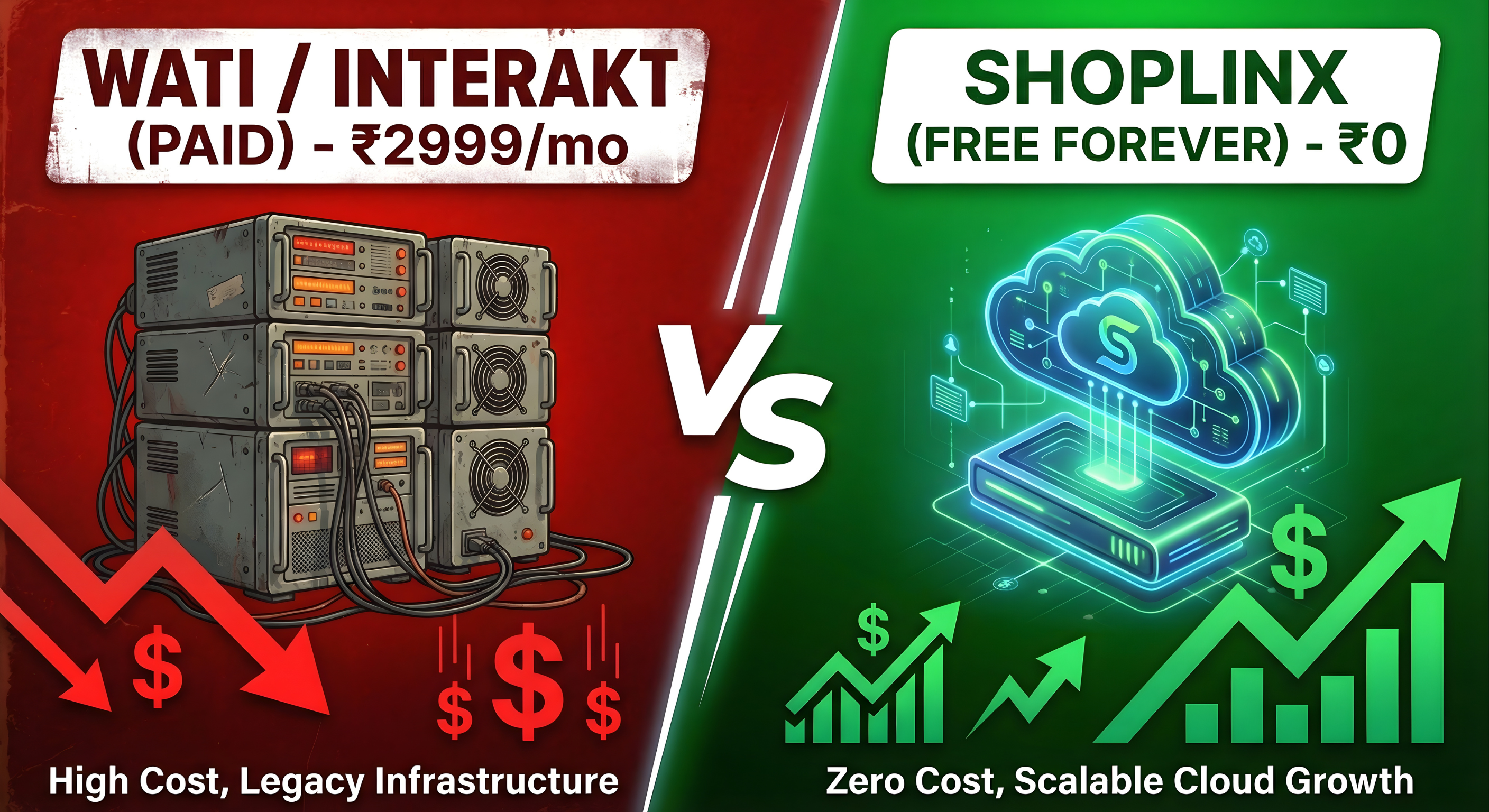 Comparison infographic showing ShopLinx lifetime free plan versus expensive paid WhatsApp automation tools like Wati and Interakt for Shopify