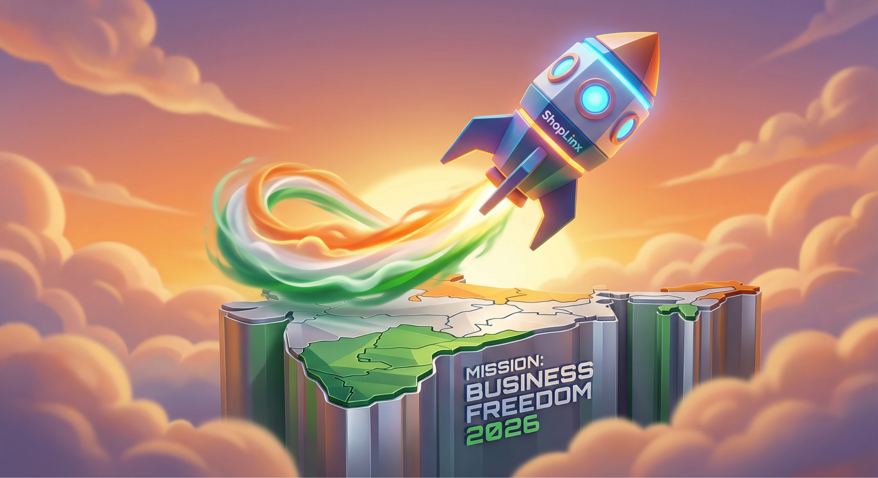 A 3D rocket launch representing business growth and freedom for Indian brands on Republic Day