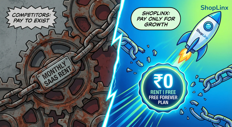 A visual comparison showing traditional SaaS platforms weighing down businesses with monthly rent chains, versus ShopLinx offering a zero rent, free forever plan symbolized by a rocket taking off