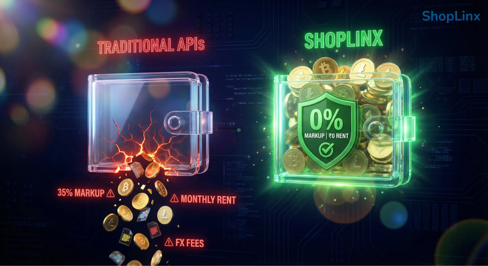 A premium digital dashboard comparison showing profit leaking through hidden markups on Wati and Interakt versus 100% profit retention on ShopLinx's zeromarkup platform