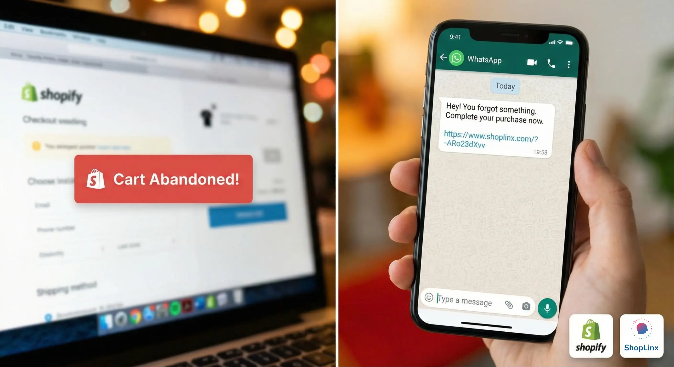 Automated Shopify abandoned cart recovery notification on a WhatsApp screen.