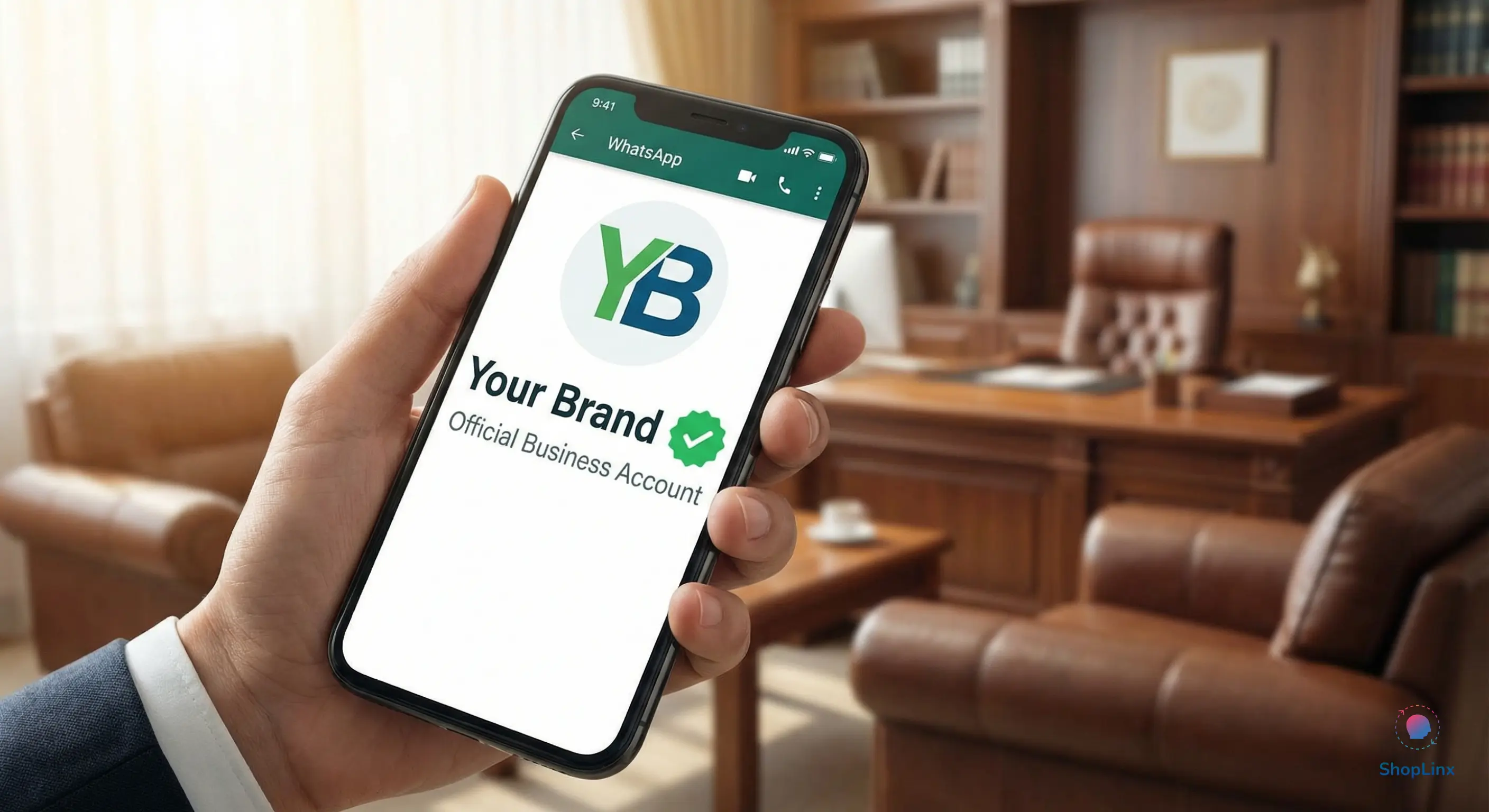 WhatsApp profile with Official Business Account green tick and trust signals.