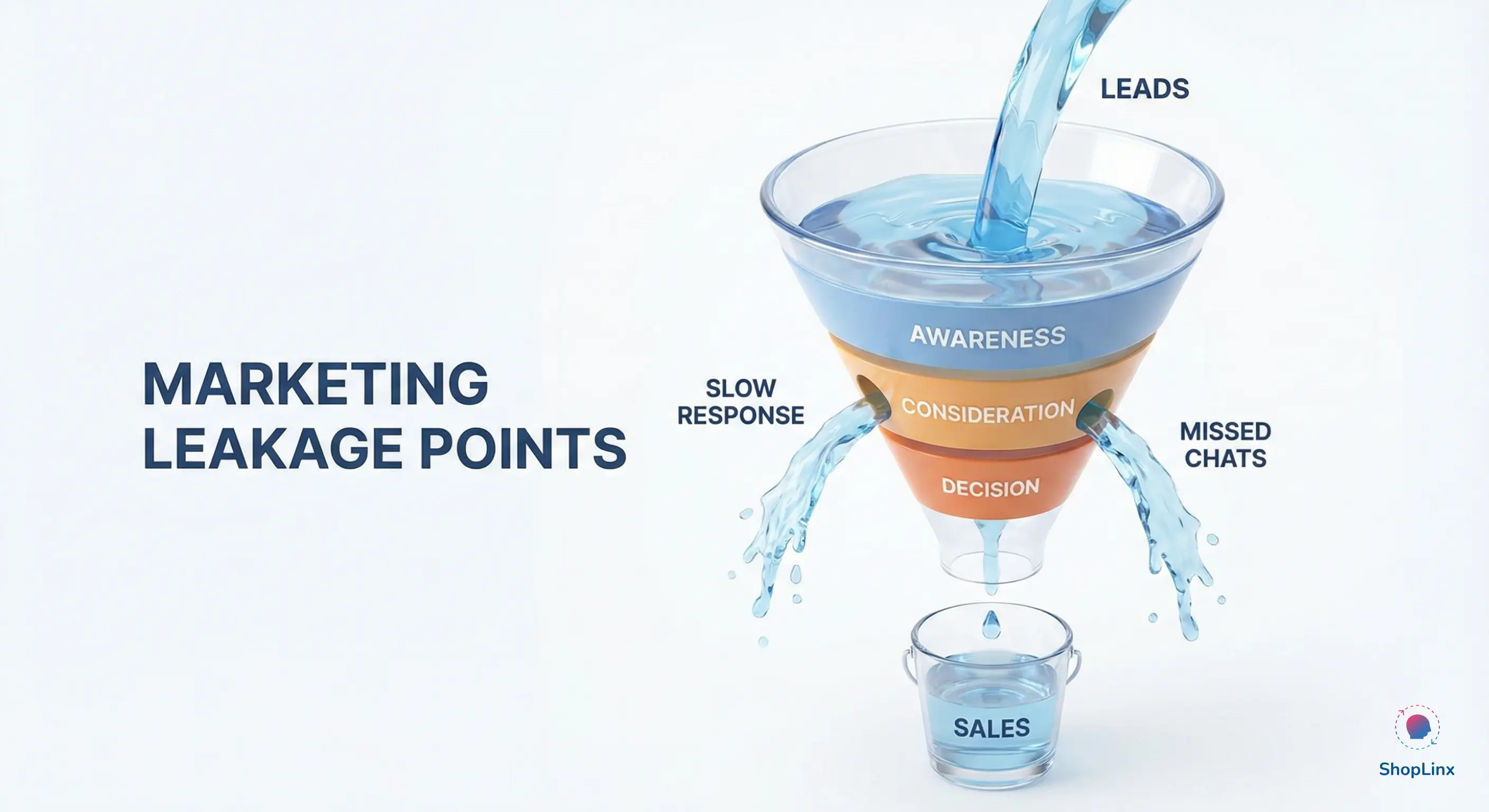 Infographic showing lead leakage in traditional service industry marketing funnels.