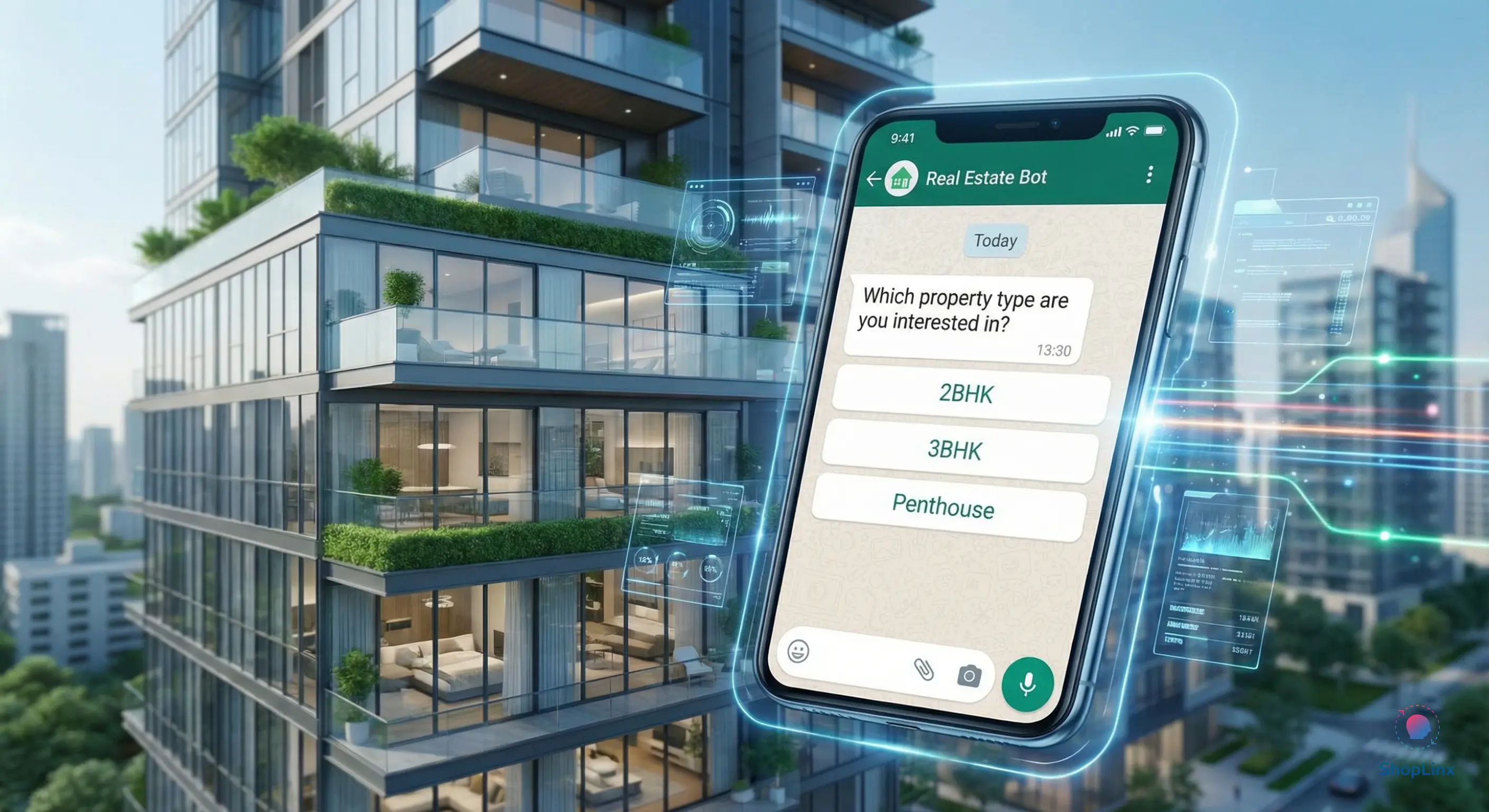 WhatsApp chatbot qualifying a real estate lead by asking for budget and property type.