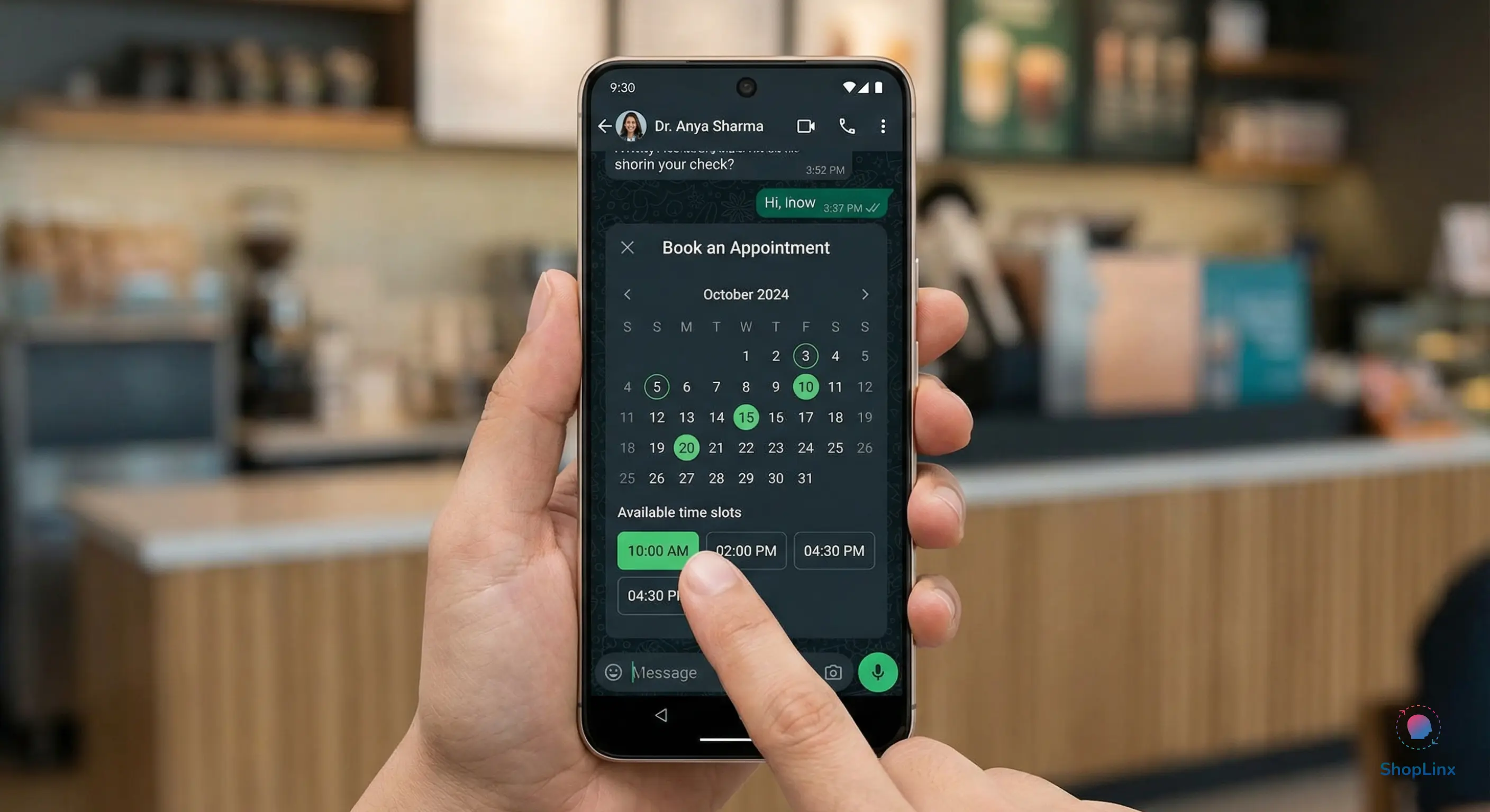 Interactive appointment booking calendar inside a WhatsApp chat window.